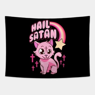 Hail Satan Cat Cute Rainbow Kitty Heavy Metal Pun Tapestry