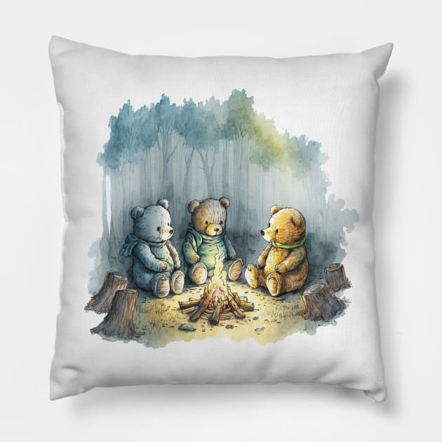 Teddy Bears Camping Watercolor Pillow by peachycrossing