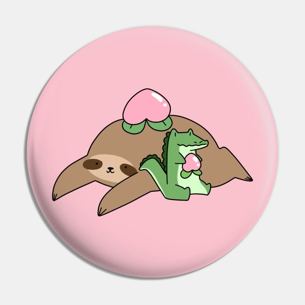 Peach Fruit Sloth and Baby Gator Pin by saradaboru