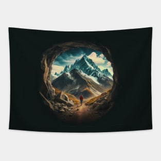 Mountains and Travel rounded graphic design Tapestry