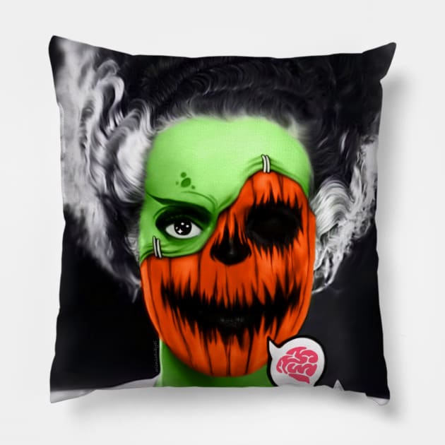 Green Bride of Frankenstein Pumpkin Face Zombie Pillow by OrionLodubyal