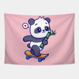 Cute Panda Holding Bamboo On Skateboard Cartoon Tapestry