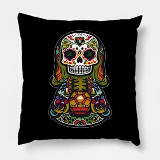 Dancing Shadows: A Graceful Sugar Skull Skeleton with Candlelight Pillow