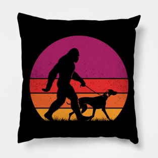 Bigfoot Walking a Weimaraner Dog Vintage Sunset Hiking Pillow