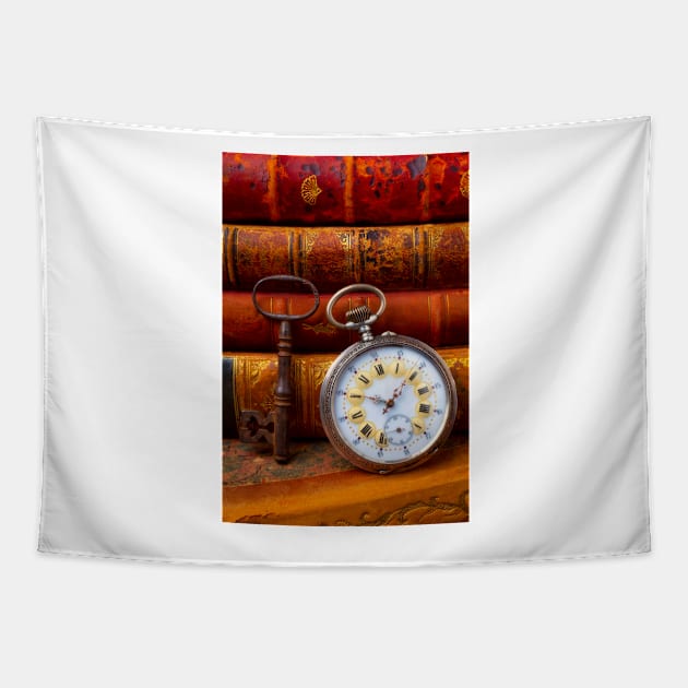 Classic Pocketwatch With old Books And Skeleton Key Tapestry by photogarry