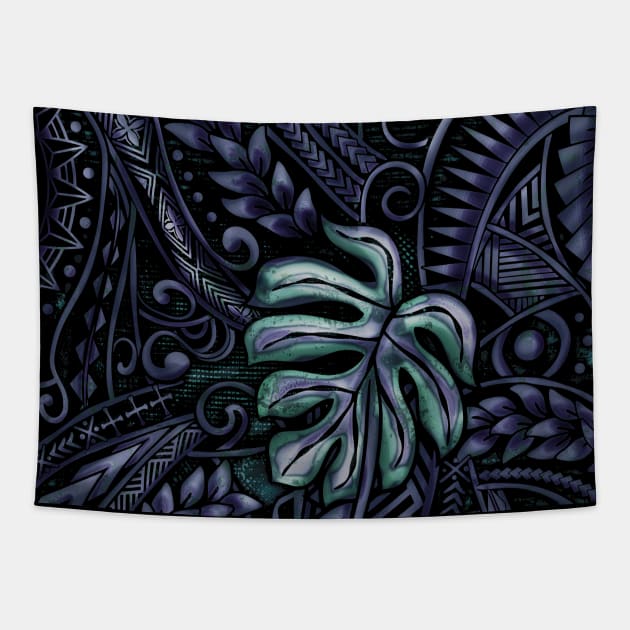 Blue Jungle Grunge - Hawaiian - Samoan - Polynesian Leaf Design Tapestry by Nalu Threads