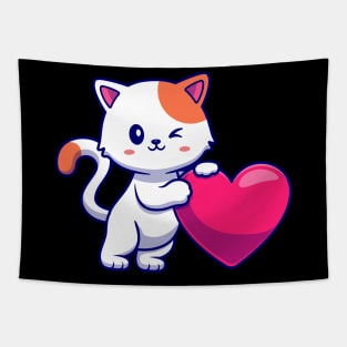 Cute Cat With Love Heart Cartoon Tapestry