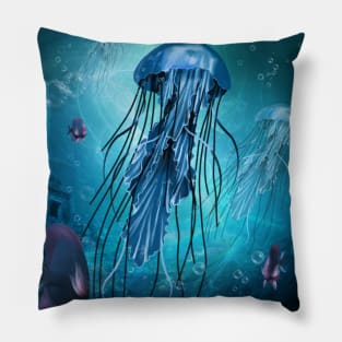 Wonderful jellyfish in the deep ocean Pillow