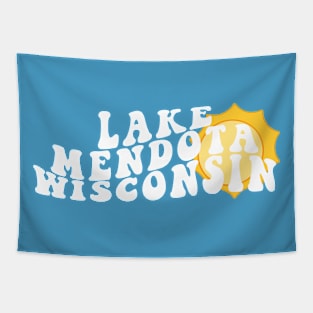 Sunshine in Lake Mendota Wisconsin Retro Wavy 1970s Summer Text Tapestry