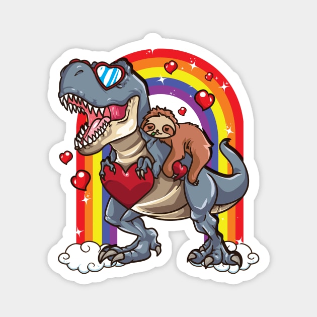 Sloth Riding Dinosaur T-Rex Red Hearts Dino Rainbow Magnet by Alinutzi