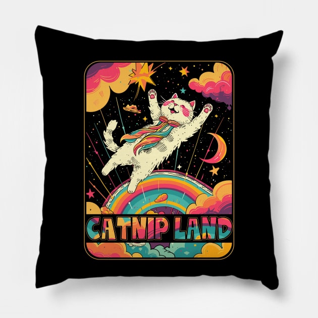 Cat Catnip Land 60s 70s Hippie Aesthetic Cat Lover Pillow by Apocatnipse Meow