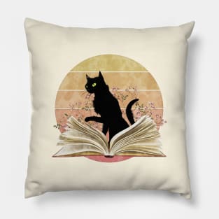 Cute Cat reading a book, watercolor sunset style, flowers growing from book, cats and books lovers lover Pillow