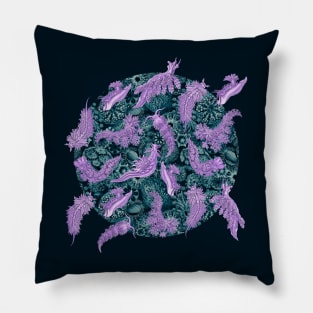 Ernst Haeckel Lilac Nudibranch  on Cerulean Sea Squirts Pillow