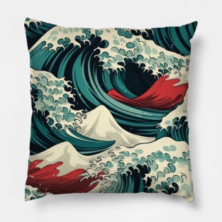 Ephemeral Crests: Hokusai Waves Reimagined Pillow