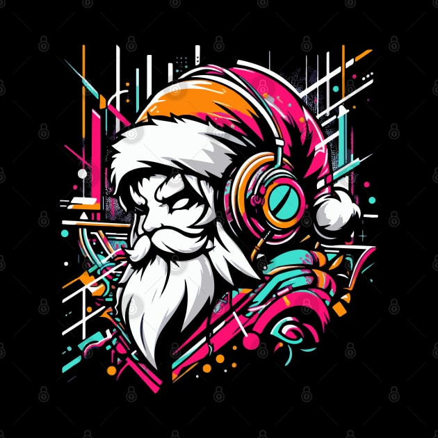 Santa Claus with headphones on his ears listening to music by T-Shirt Paradise