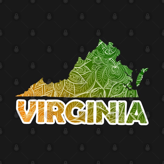 Colorful mandala art map of Virginia with text in green and orange by Happy Citizen