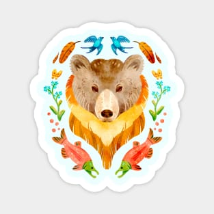 Pretty Grizzly Bear and Salmon Gouache Magnet