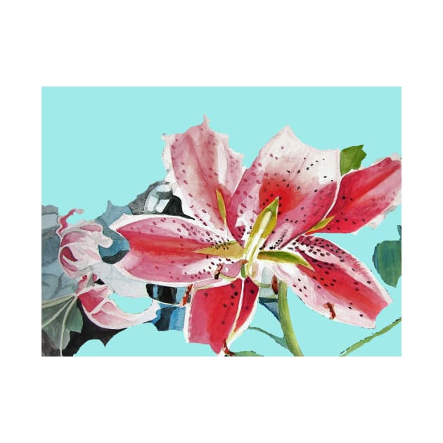 Mint Green Red Oriental Lily Floral Watercolor Painting by SarahRajkotwala