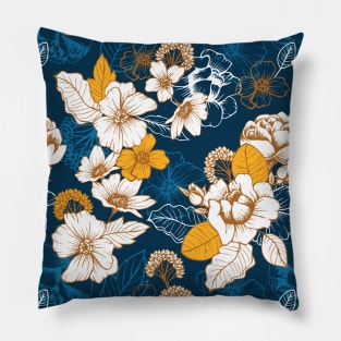 Navy and Gold Flowers Seamless Pattern Pillow