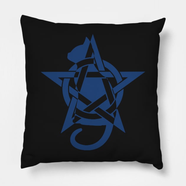 Blue Wiccan Pentacle Cat | Pentagram Cat Silhouette Pillow by DepicSpirit