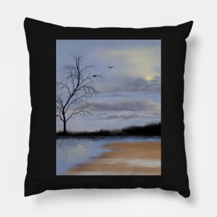 Cloudy beach scene with lone tree and nesting birds Pillow