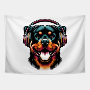 Smiling Rottweiler DJ Radiates Joy in Japanese Art Tapestry