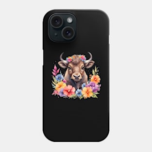 A bull decorated with beautiful watercolor flowers Phone Case