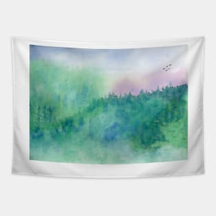 Green Mist Forest Watercolor Painting. Tapestry