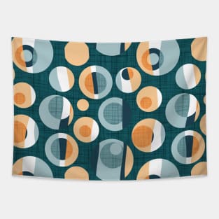 Rounded inspiration // pattern // green pine linen texture background orange tequila sunrise and blue malibu circles Tapestry