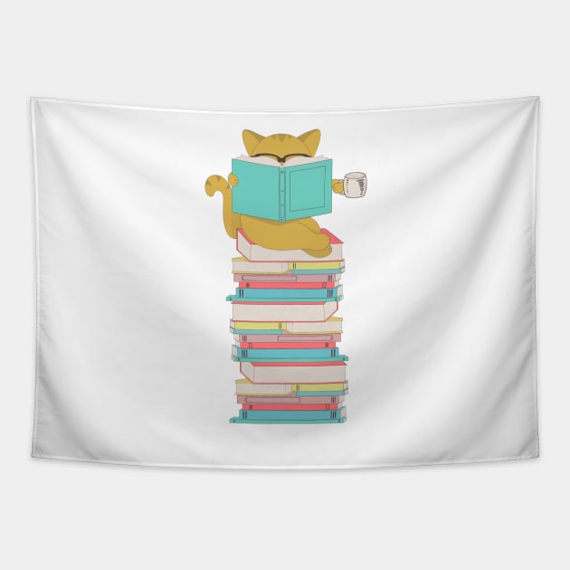 Cat with glasses drinking coffee or tea and reading book Tapestry by gogo-jr