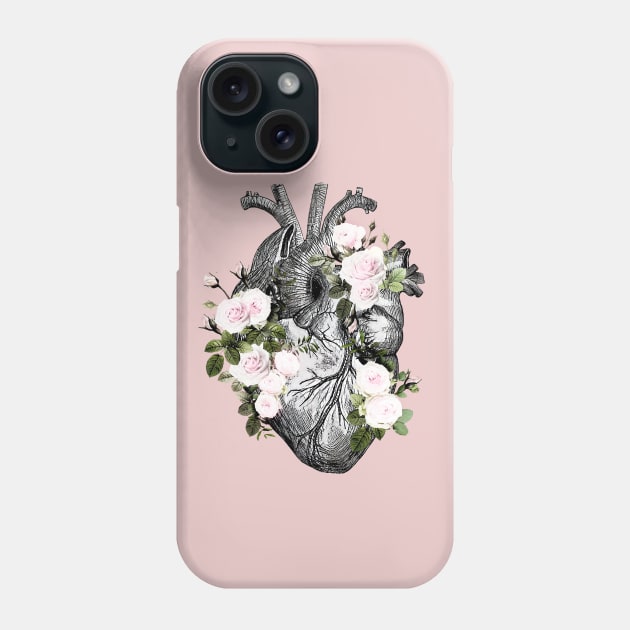 Human heart and roses, anatomy illustration art, lightpink roses and leaves Phone Case by Collagedream