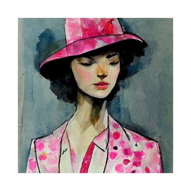 Pink 1960's Fashion Model Watercolor by Moon Art