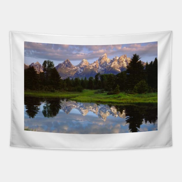 Teton Range And Its Reflection In Snake River Grand Teton National Park Tapestry by HammiltenJohn