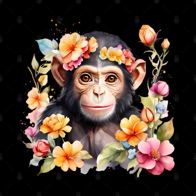 A baby chimpanzee decorated with beautiful watercolor flowers by CreativeSparkzz