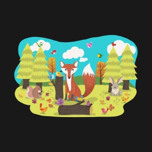 Forrest Frolic With Fox Bunny Squirrel and Birds T-Shirt