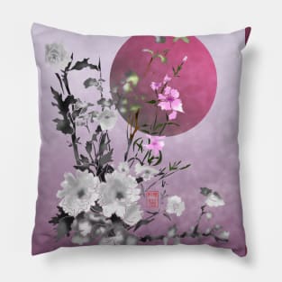 sumiE flowers and a big pink moon Pillow