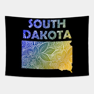 Colorful mandala art map of South Dakota with text in blue and yellow Tapestry