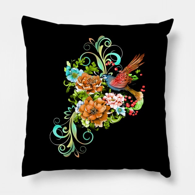 Wonderful elegant flowers with bird Pillow by Nicky2342