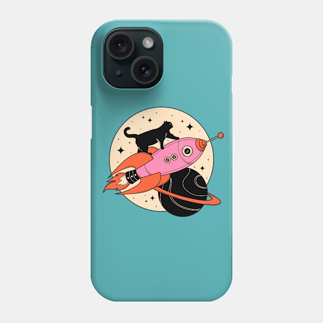 Space Walker Black Cat in blue Phone Case by The Charcoal Cat Co.