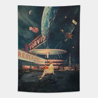 a couple having fun on a surreal retro futuristic landscape of another planet with retro 1960s vibe. Tapestry