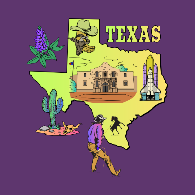 Colorful map of Texas with popular landmarks and symbols Texas Map TShirt TeePublic
