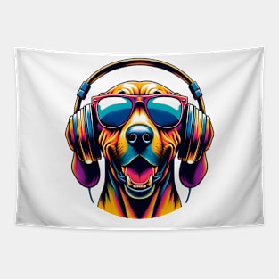 Plott Hound Smiling DJ with Vibrant Headphones Tapestry