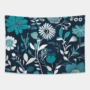 Modern Teal Blue Cottagecore Vintage Botanical Floral Tapestry