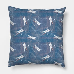 dragonfly silhouettes and wings on blue background Pillow