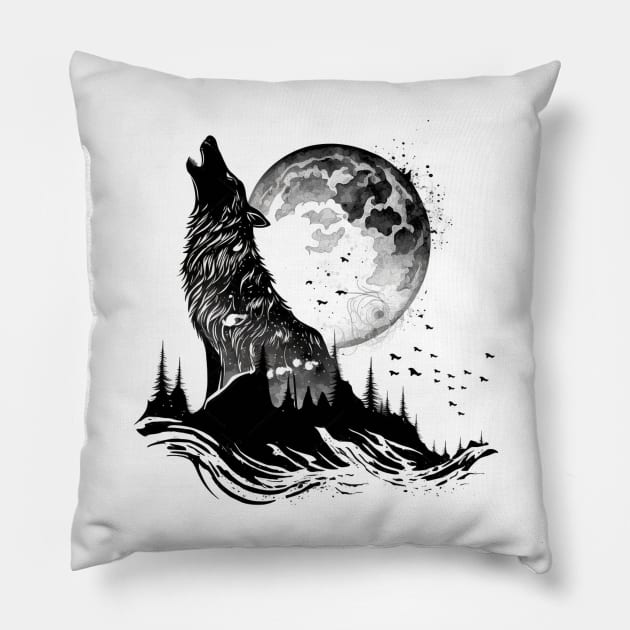 Wolf and Moon 2 Pillow by AstroRisq