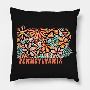 Pennsylvania State Design | Artist Designed Illustration Featuring Pennsylvania State Filled With Retro Flowers with Retro Hand-Lettering Pillow