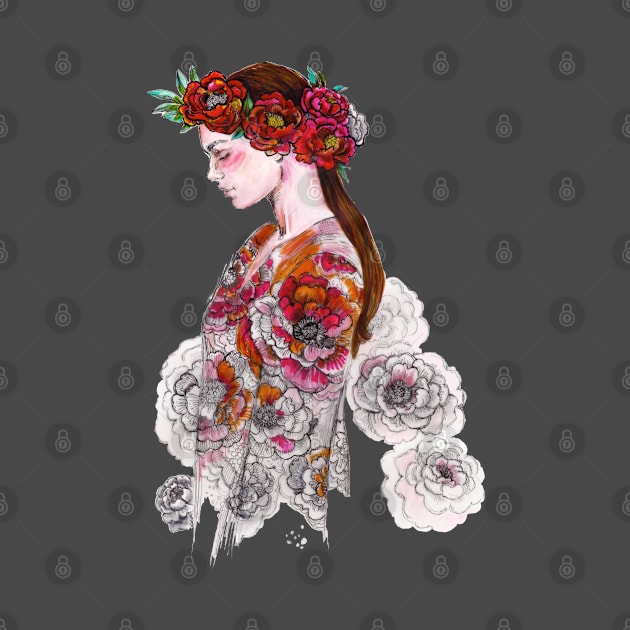 Woman with a Flower Crown - Boho Chic - Fashion Illustration. by FanitsaArt