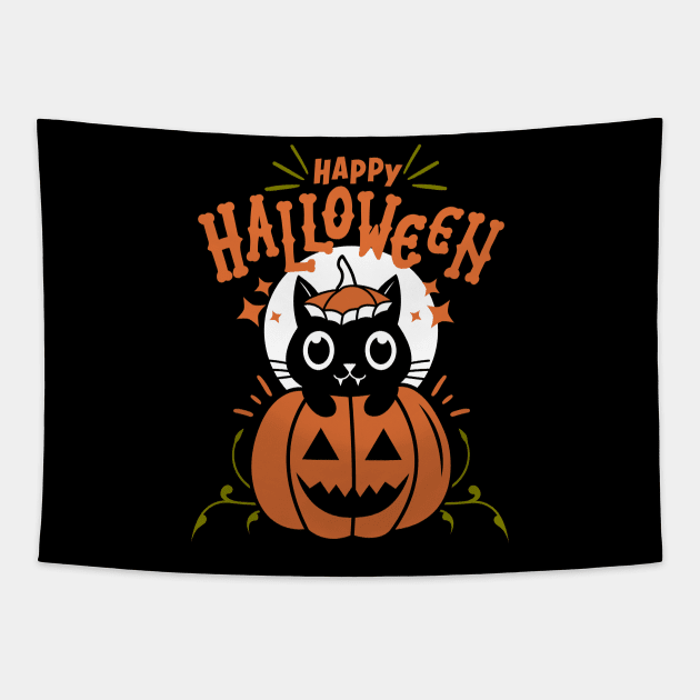 Happy Halloween - Pumpkin Cat Tapestry by Curio Pop Relics