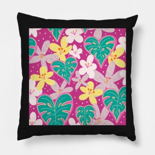 Monstera hearts and tropical florals on magenta Pillow