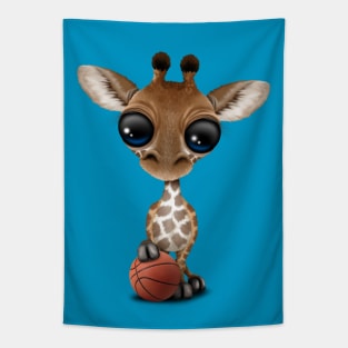 Cute Baby Giraffe Playing With Basketball Tapestry